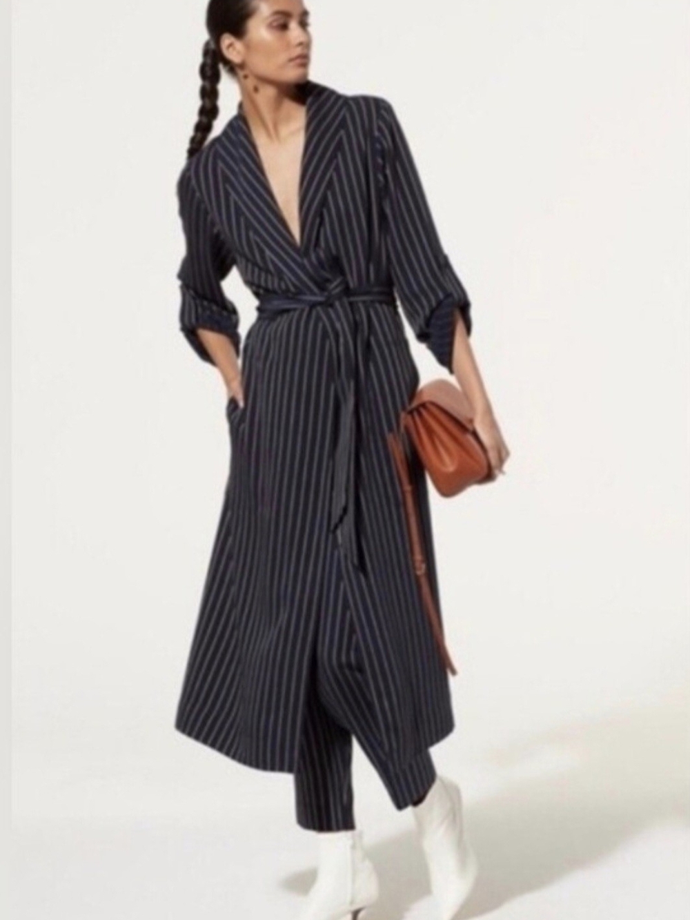 Aritzia Babaton Pinstripe Kahlo Robe Trench Coat With Belt.